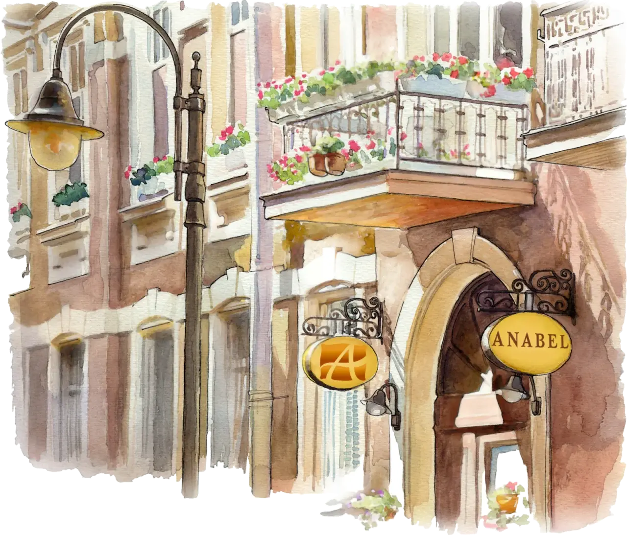 Anabel 涅瓦大街外立面与入口的水彩画
